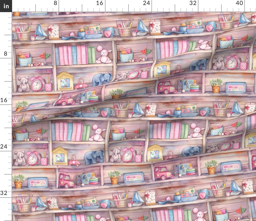 Fabric in Pastel Vintage Bookcase with Children’s Toys in Watercolor Fabric Fabric in Pastel Vintage Bookcase with Children's Toys in Watercolor Fabric
