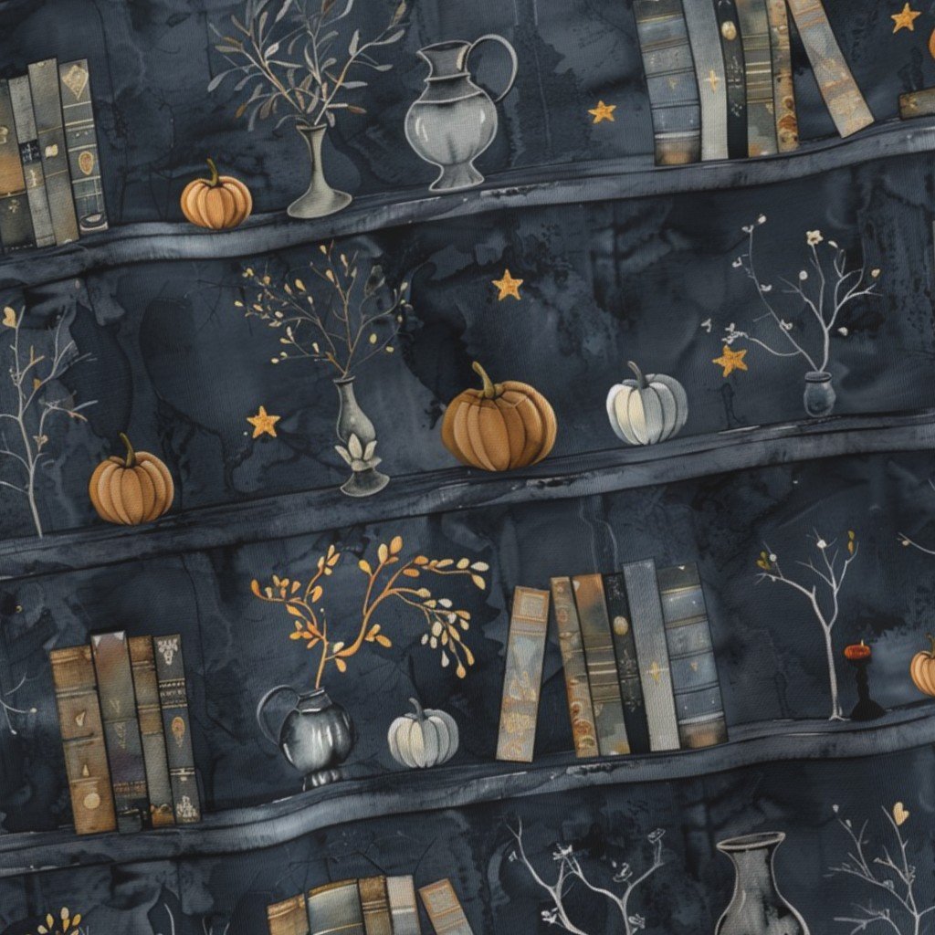 Dark Blue Halloween Pumpkins and Vases on Vintage Bookcase