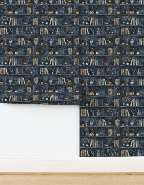 Dark Blue Halloween Pumpkins and Vases on Vintage Bookcase Wallpaper