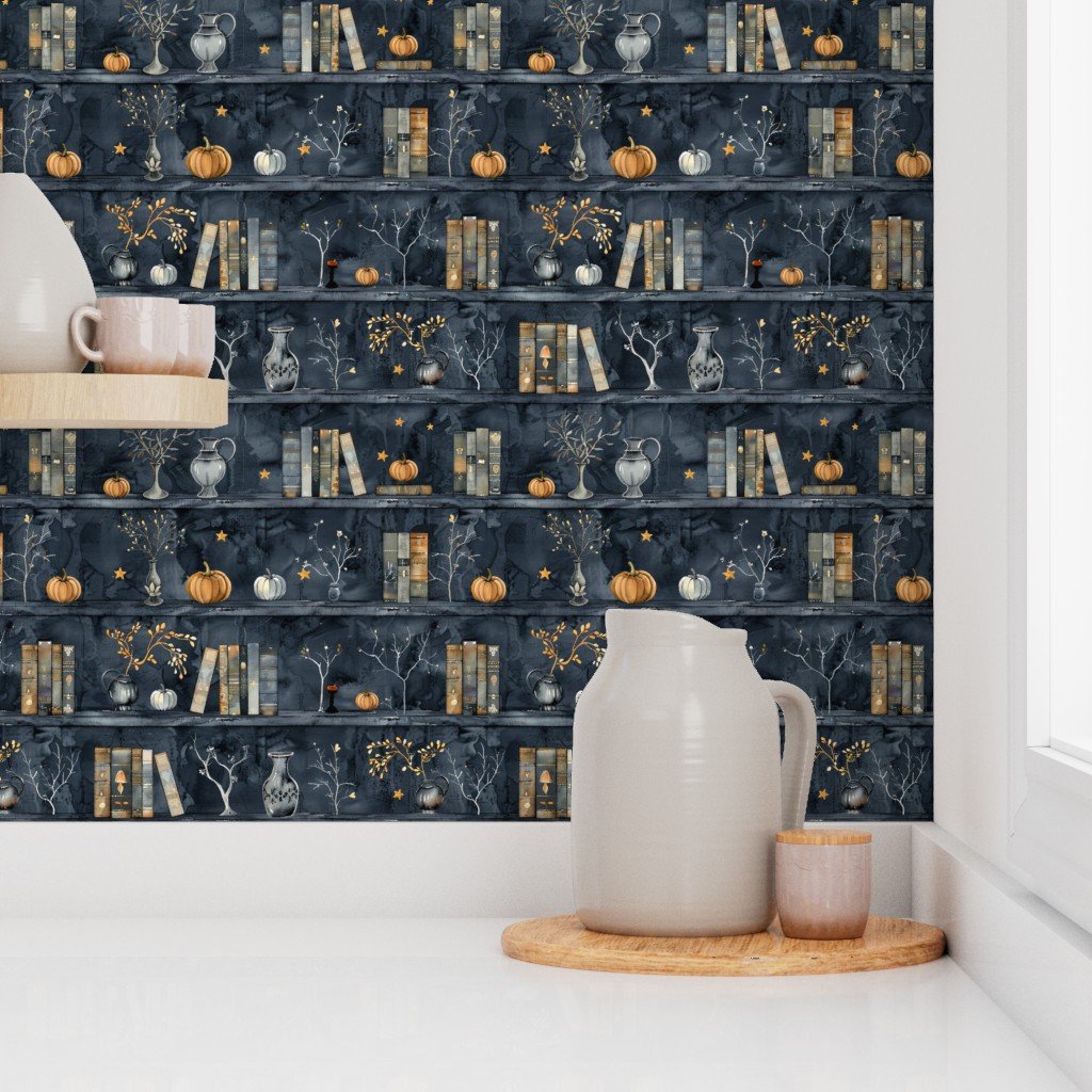 Dark Blue Halloween Pumpkins and Vases on Vintage Bookcase Wallpaper