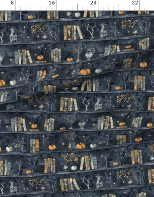 Dark Blue Halloween Pumpkins and Vases on Vintage Bookcase