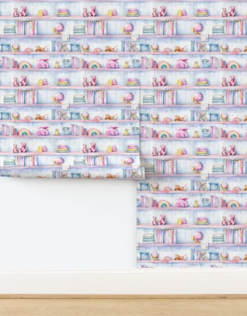 Pastel Rainbow Bookcase with Children's Toys in Watercolor Wallpaper