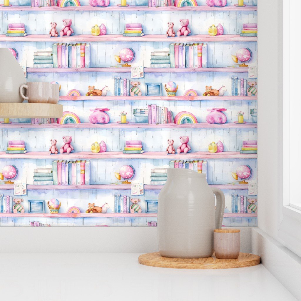 Pastel Rainbow Bookcase with Children’s Toys in Watercolor Wallpaper
