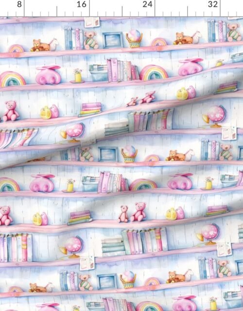 Pastel Rainbow Bookcase with Children's Toys in Watercolor