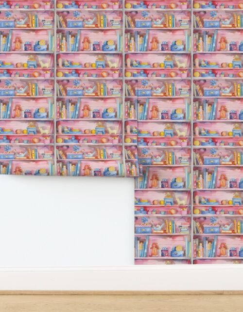 Vibrant Watercolor Bookcase with Children's Toys and Books Wallpaper
