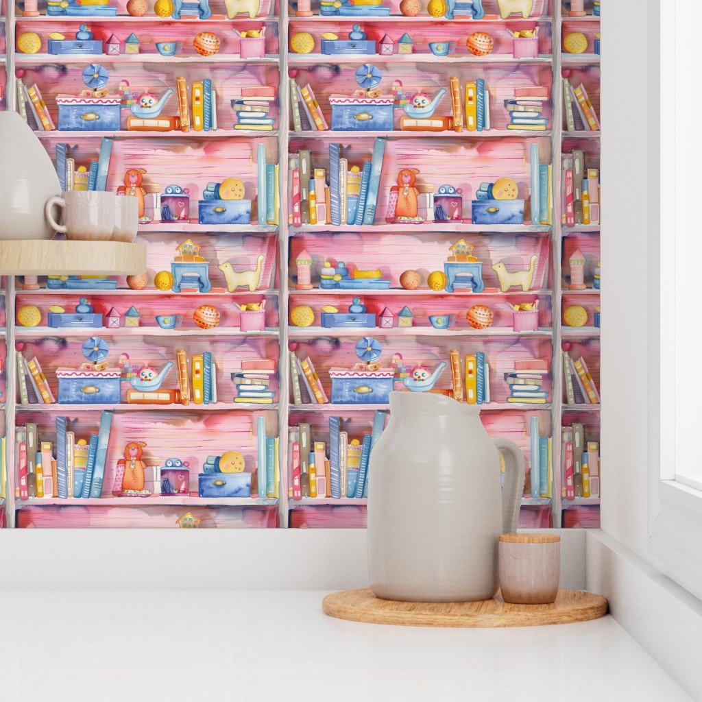 Vibrant Watercolor Bookcase with Children’s Toys and Books Wallpaper