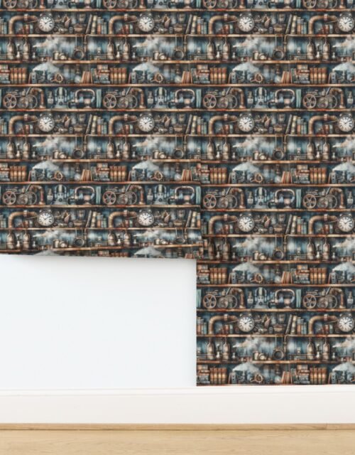 Steampunk Bookcase with Gears and Vintage Machinery in Watercolor Wallpaper