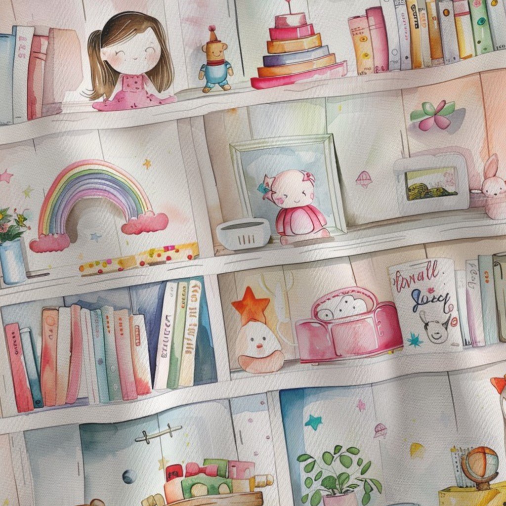 Fabric in Pastel Bookcase with Girl’s Toys and Books in Watercolor Fabric