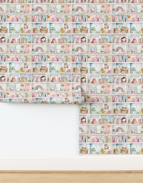 Pastel Bookcase with Girl's Toys and Books in Watercolor Wallpaper