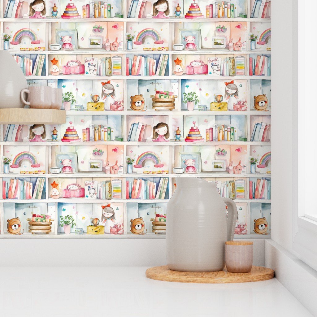 Pastel Bookcase with Girl’s Toys and Books in Watercolor Wallpaper