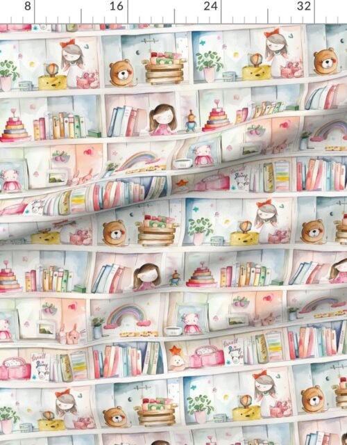 Fabric in Pastel Bookcase with Girl's Toys and Books in Watercolor Fabric