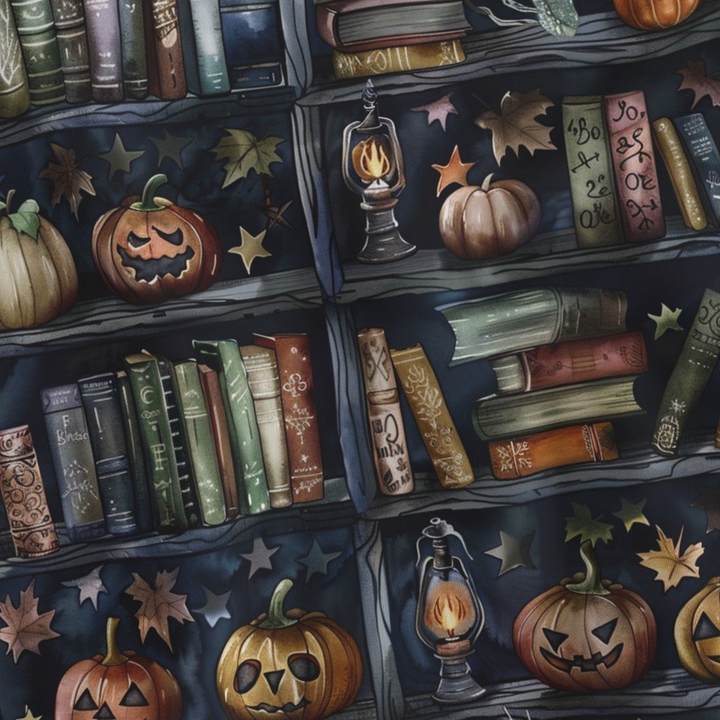 Dark Halloween Bookcase with Jack-O’-Lanterns and Spooky Books