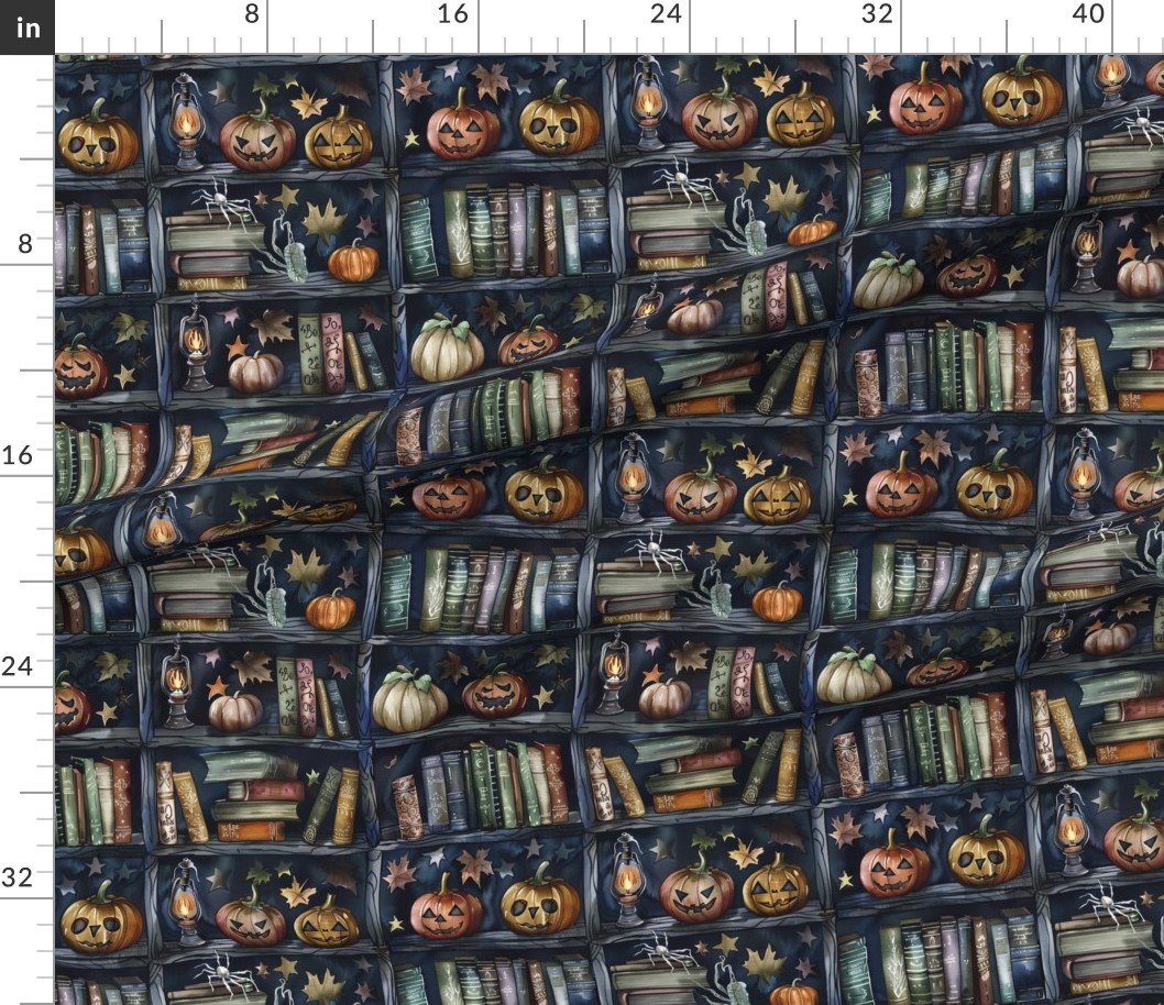 Fabric in Dark Halloween Bookcase with Jack-O’-Lanterns and Spooky Books Fabric Fabric in Dark Halloween Bookcase with Jack-O'-Lanterns and Spooky Books Fabric