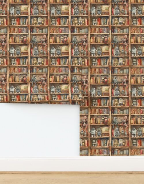 Vintage Bookcase with Retro Robots and Books in Watercolor Wallpaper