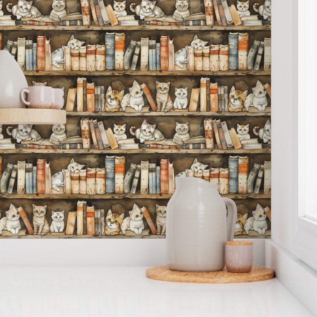 Vintage Bookcase with Playful Kittens and Old Books in Watercolor Wallpaper