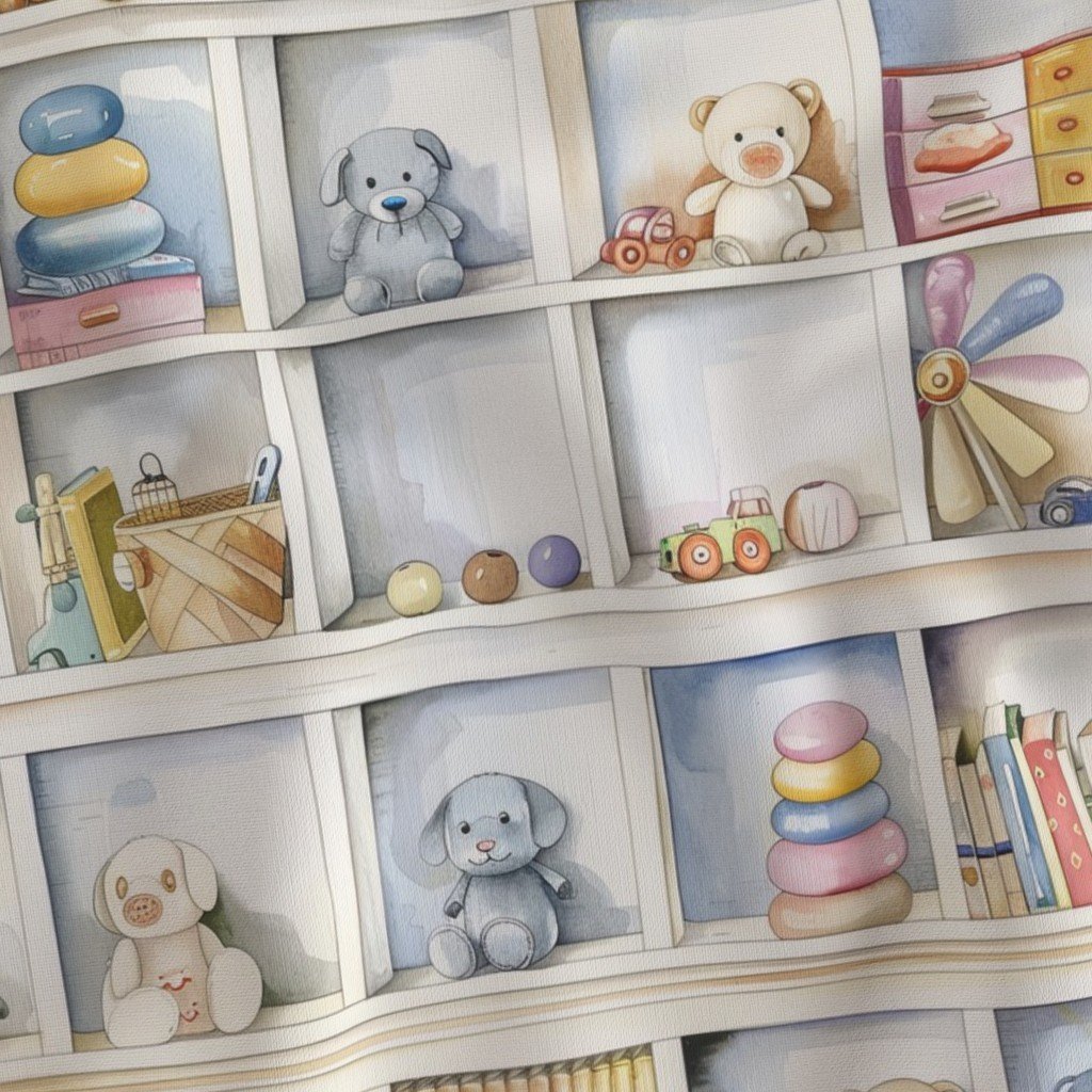Fabric in Pastel Bookcase with Teddy Bears and Children’s Toys in Watercolor Fabric