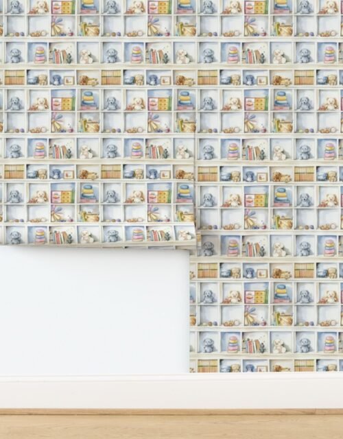 Pastel Bookcase with Teddy Bears and Children's Toys in Watercolor Wallpaper