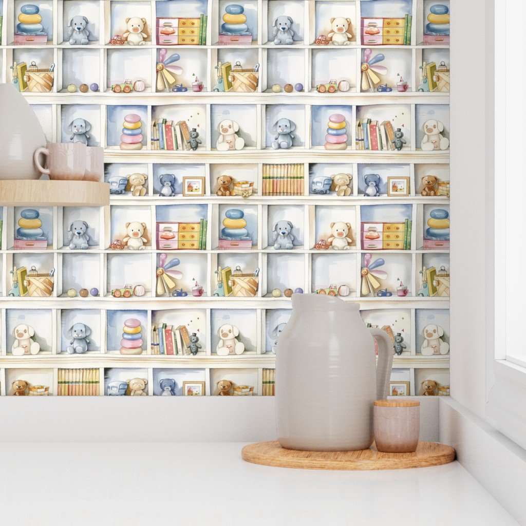 Pastel Bookcase with Teddy Bears and Children’s Toys in Watercolor Wallpaper