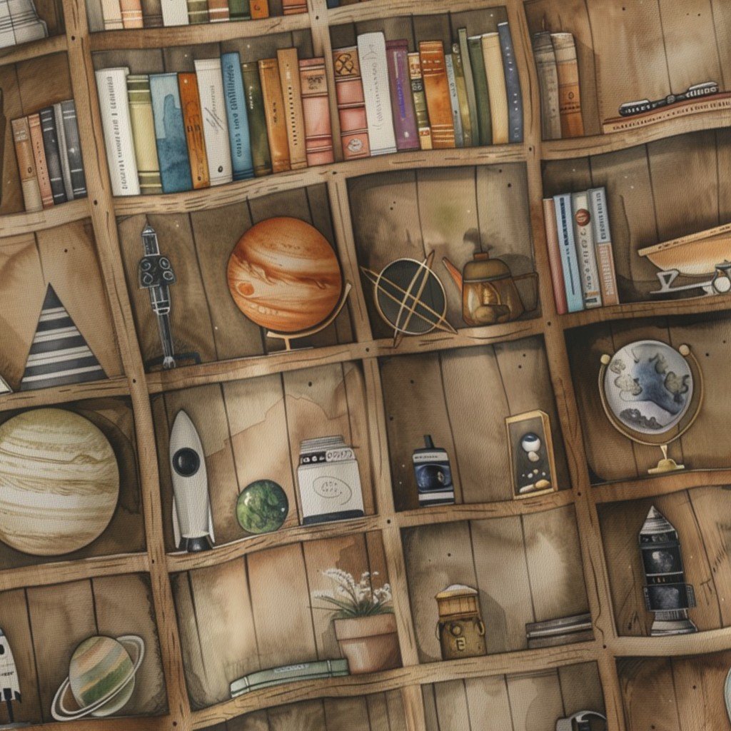 Fabric in Little Astronaut Vintage Bookcase Space and Astronomy Watercolor Fabric