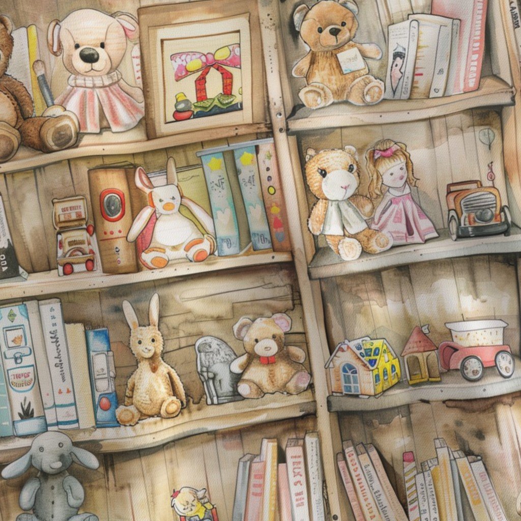 Vintage Bookcase with Teddy Bears and Toys for Kids’ Room in Watercolor
