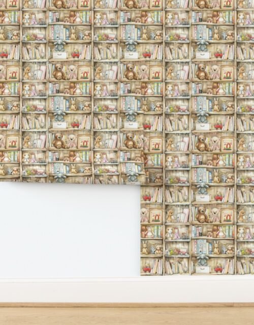 Vintage Bookcase with Teddy Bears and Toys for Kids' Room in Watercolor Wallpaper