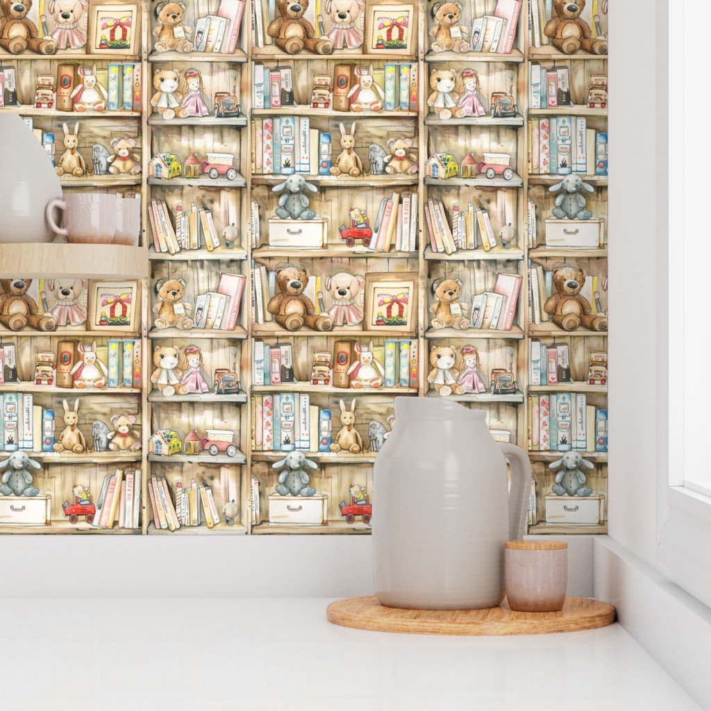 Vintage Bookcase with Teddy Bears and Toys for Kids’ Room in Watercolor Wallpaper