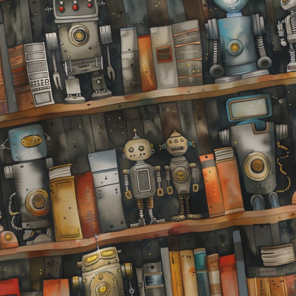 Vintage Bookcase with Retro Robots and Books for Kids’ Room in Watercolor