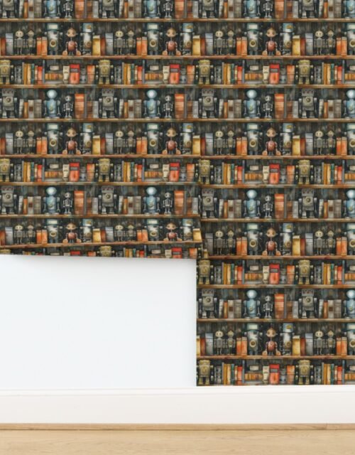 Vintage Bookcase with Retro Robots and Books for Kids' Room in Watercolor Wallpaper
