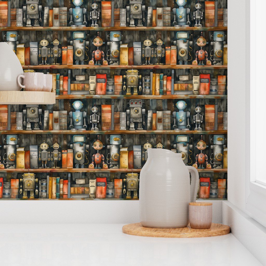 Vintage Bookcase with Retro Robots and Books for Kids’ Room in Watercolor Wallpaper