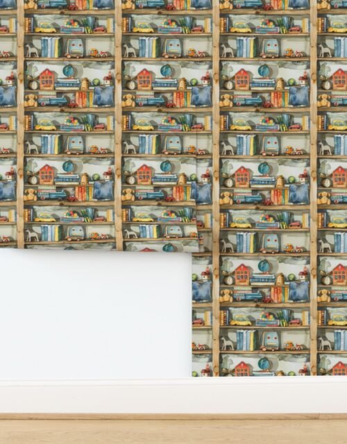 Vintage Toy Cars and Trains on Bookcase in Watercolor Wallpaper