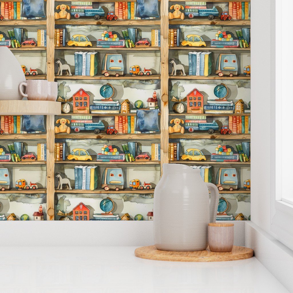 Vintage Toy Cars and Trains on Bookcase in Watercolor Wallpaper