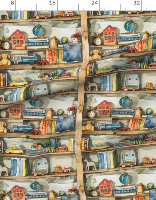 Vintage Toy Cars and Trains on Bookcase in Watercolor