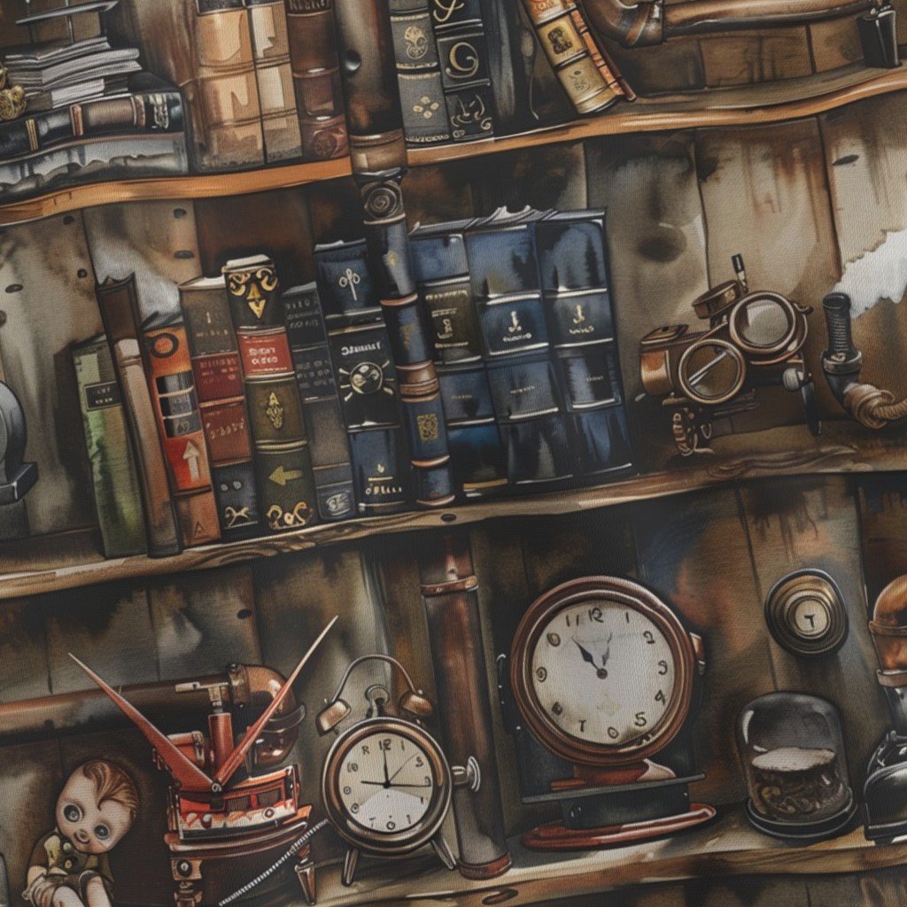 Fabric in Vintage Steampunk Bookcase with Pipes Hoses and Gears in Watercolor Fabric