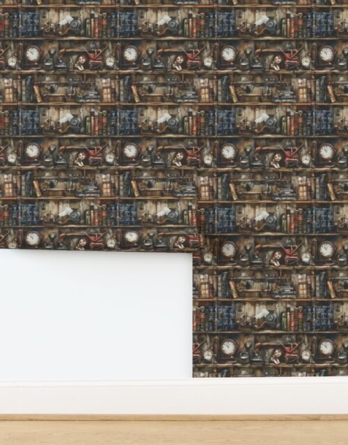 Vintage Steampunk Bookcase with Pipes Hoses and Gears in Watercolor Wallpaper