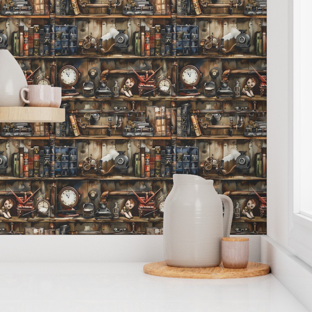 Vintage Steampunk Bookcase with Pipes Hoses and Gears in Watercolor Wallpaper