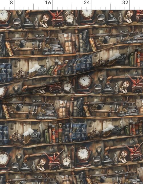 Fabric in Vintage Steampunk Bookcase with Pipes Hoses and Gears in Watercolor Fabric