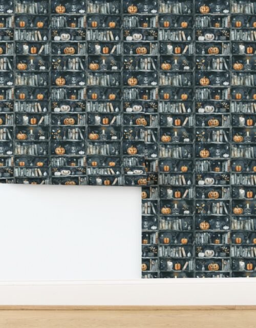 Dark Halloween Bookcase with Pumpkins and Candles in Watercolor Wallpaper