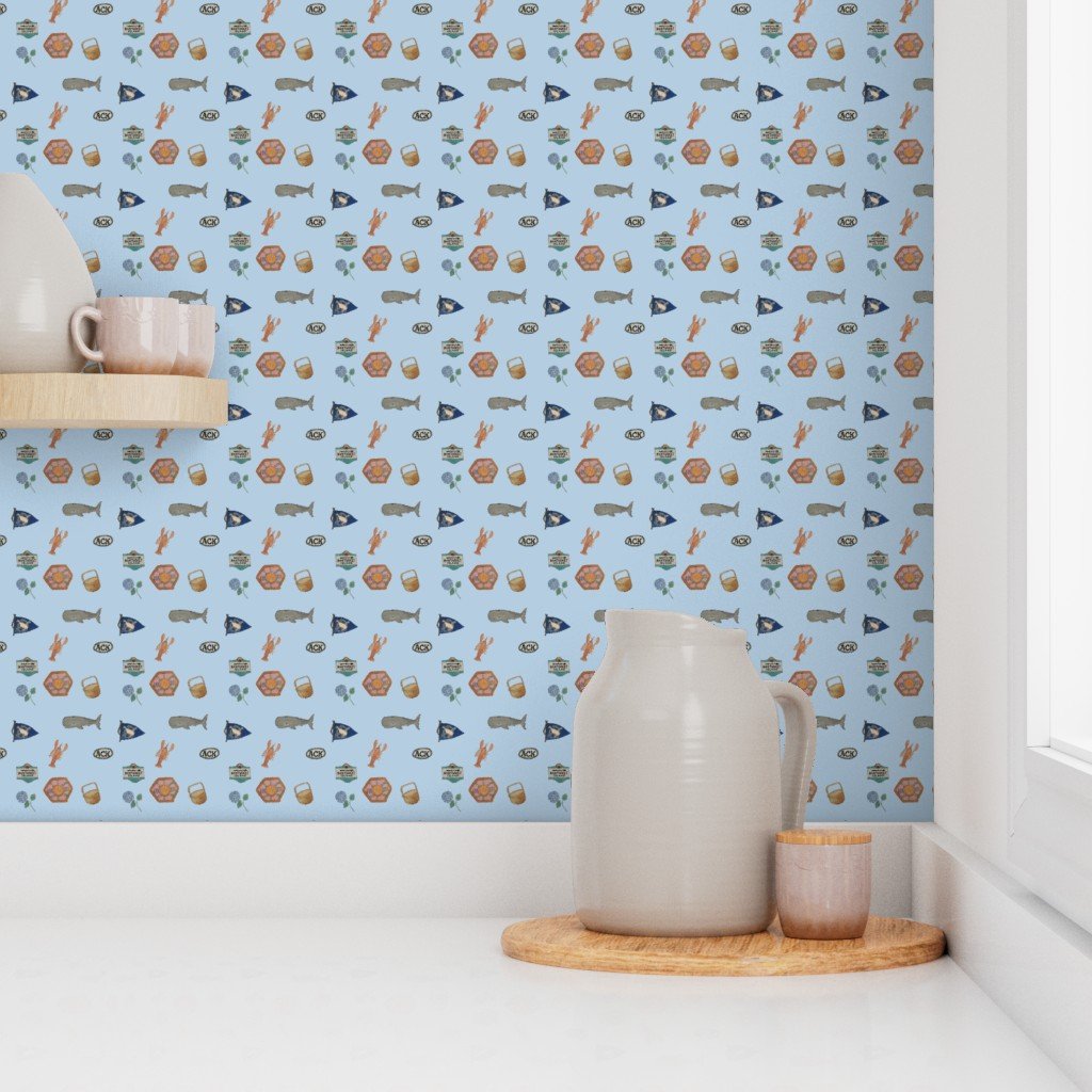 Nantucket Island Symbols and Motifs in Mini on Blue Wallpaper