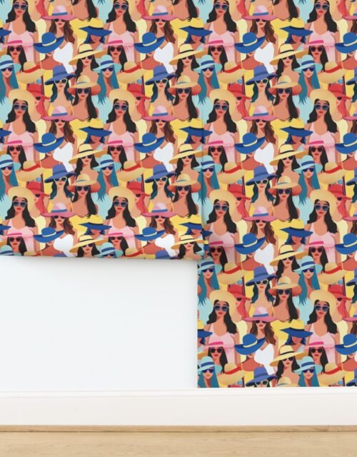 Women at the Beach in Summer in Sunhats and Suits Large Scale Bright Wallpaper