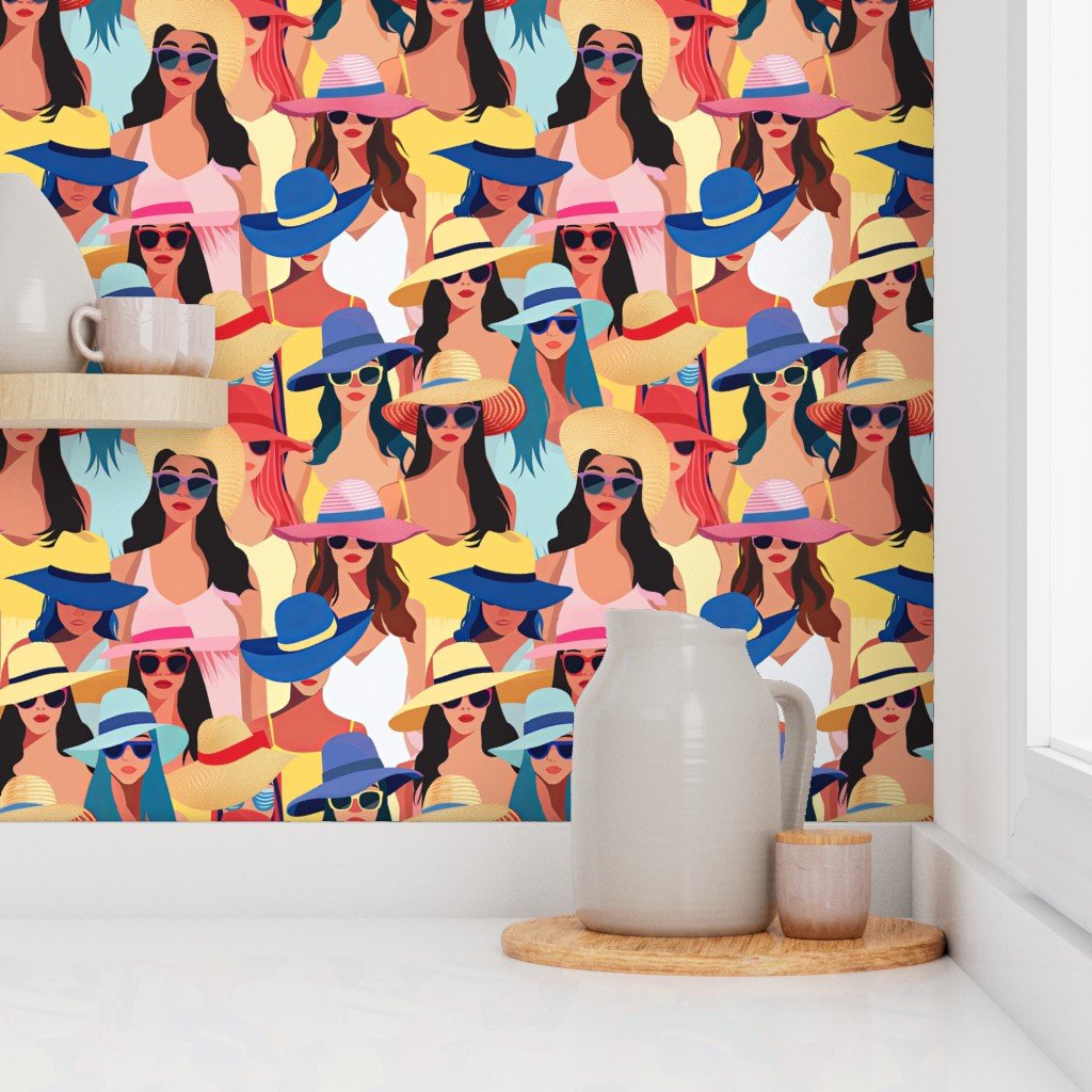 Women at the Beach in Summer in Sunhats and Suits Large Scale Bright Wallpaper