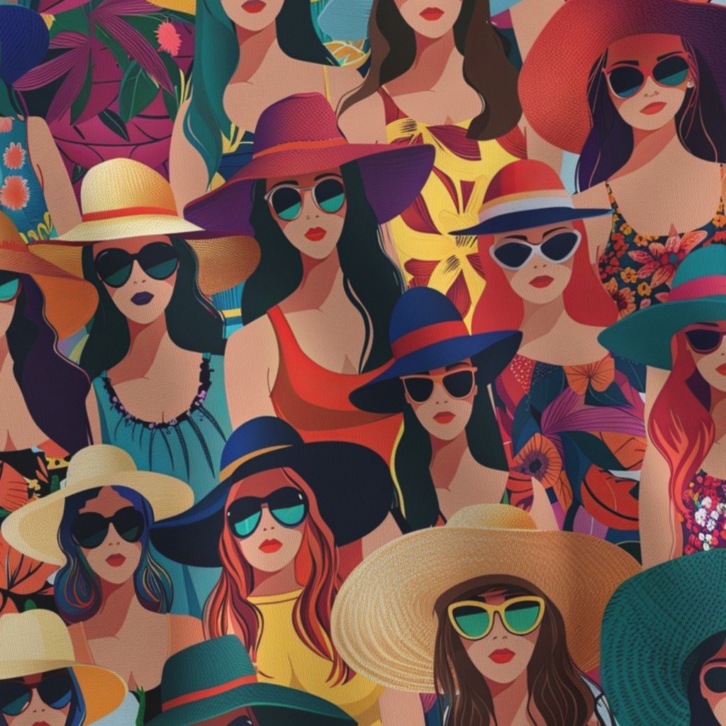 Women at the Beach in Summer in Sunhats and Suits Large Scale Dark