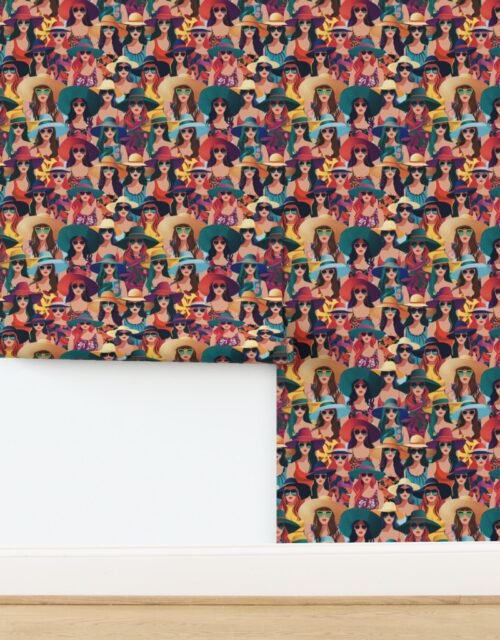 Women at the Beach in Summer in Sunhats and Suits Large Scale Dark Wallpaper