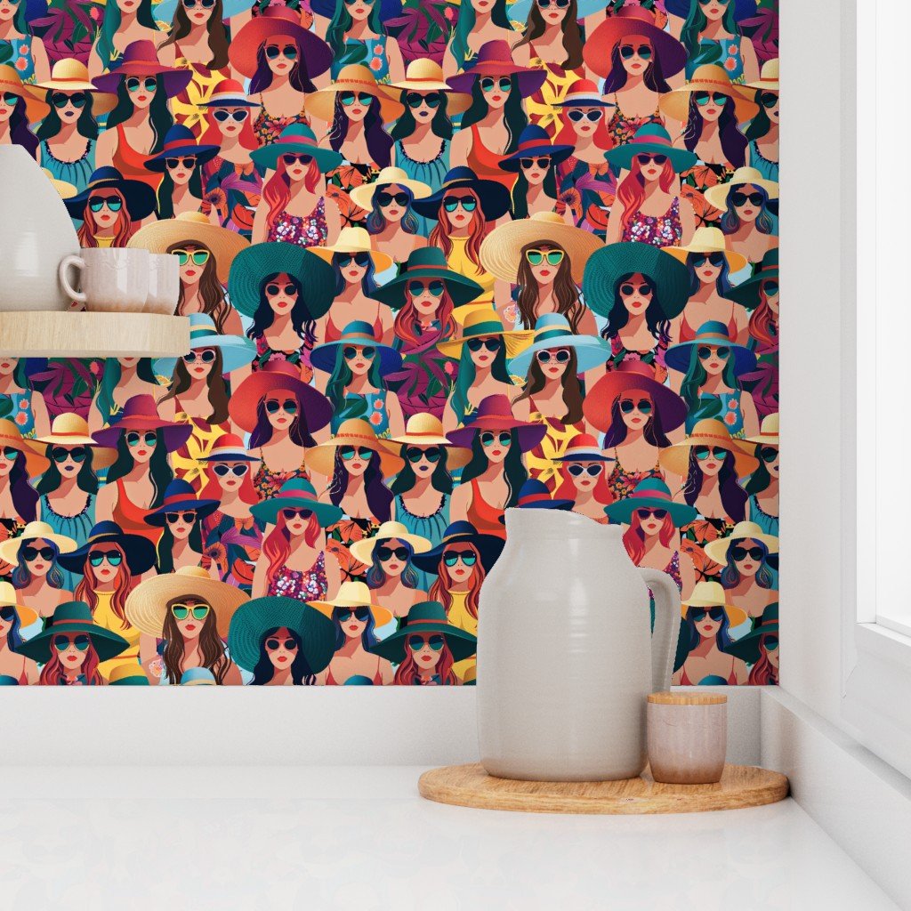 Women at the Beach in Summer in Sunhats and Suits Large Scale Dark Wallpaper