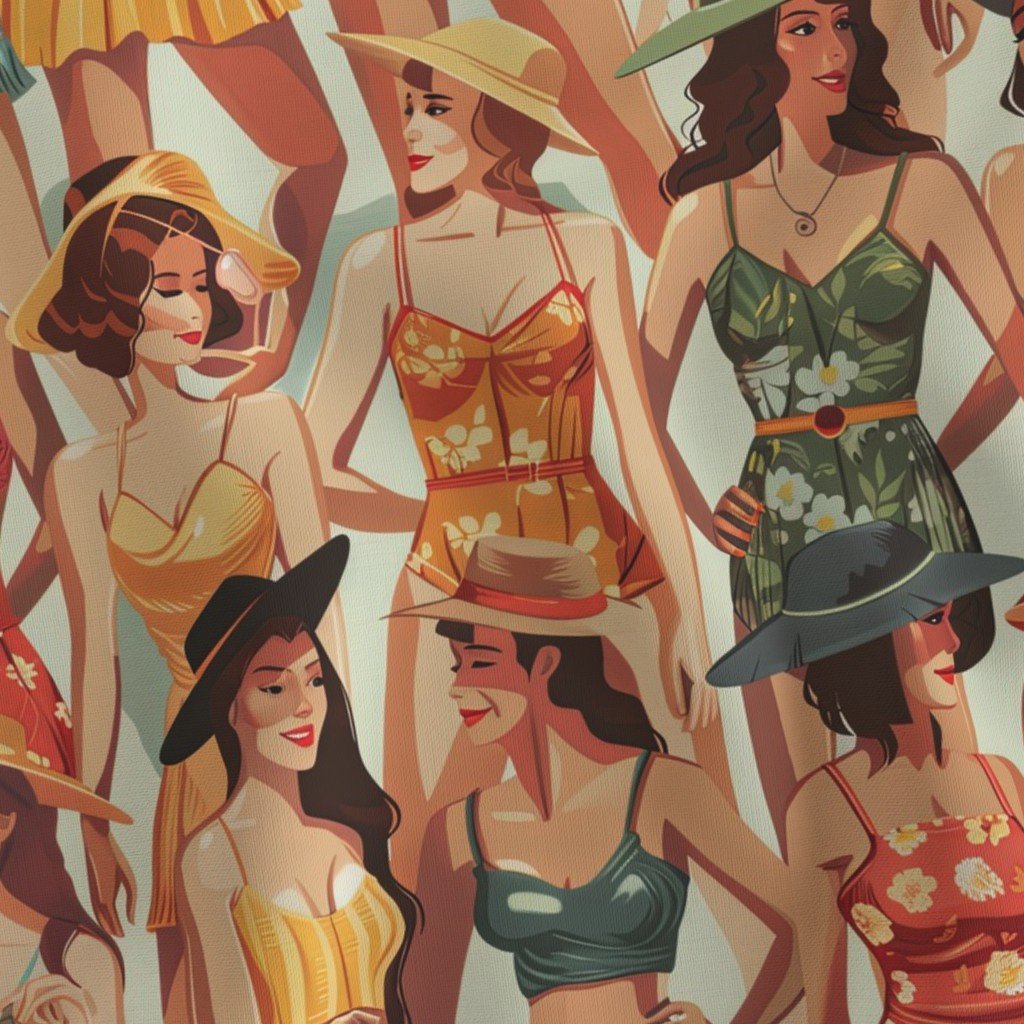 Vintage Women at the Beach in Summer in Sunhats and Suits Large Scale