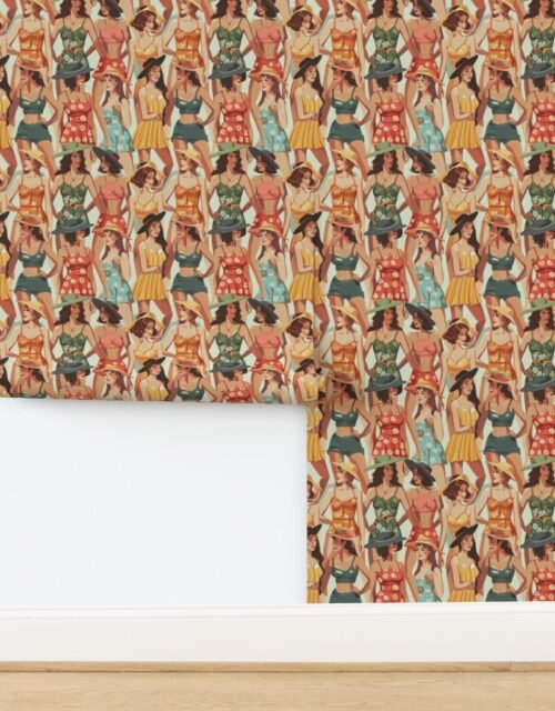 Vintage Women at the Beach in Summer in Sunhats and Suits Large Scale Wallpaper