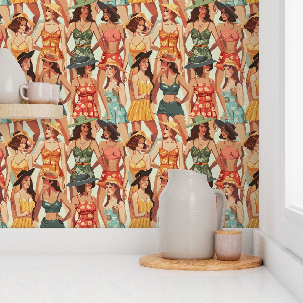 Vintage Women at the Beach in Summer in Sunhats and Suits Large Scale Wallpaper