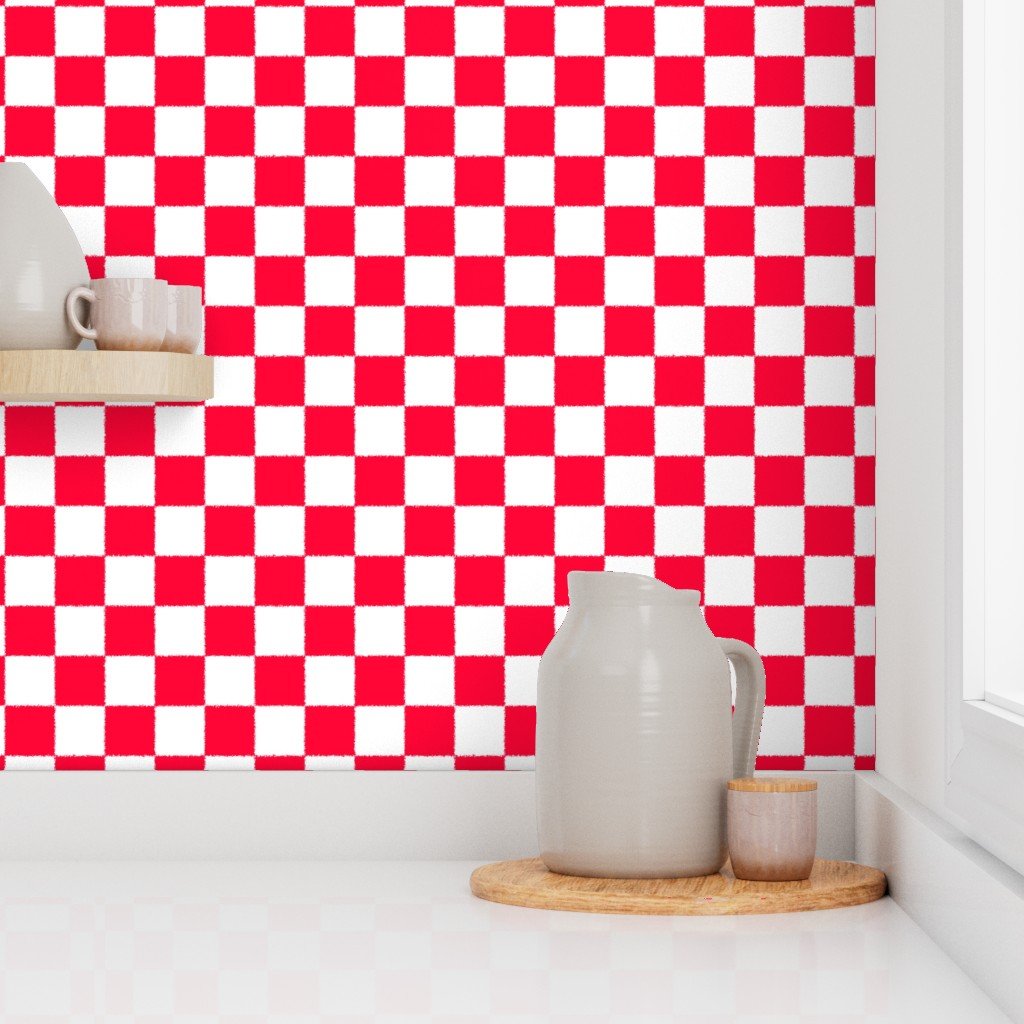 Tumble Edged Red and White Checkerboard Squares Wallpaper
