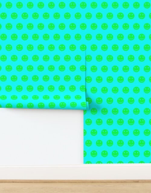 Neon Green Smiley Faces on Bright Aqua Background Wallpaper