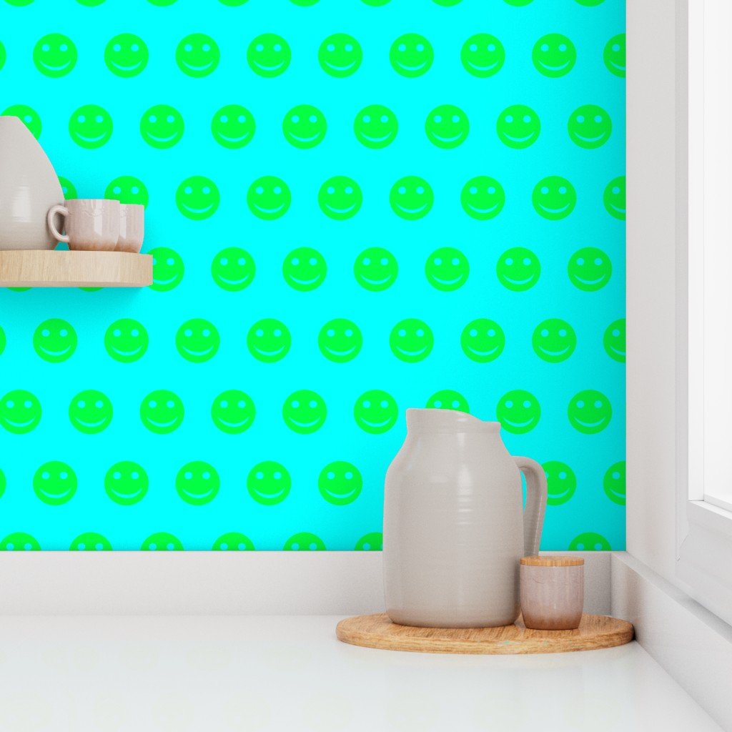 Neon Green Smiley Faces on Bright Aqua Background Wallpaper