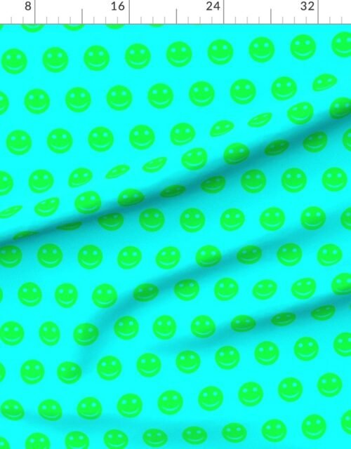 Neon Green Smiley Faces on Bright Aqua Background